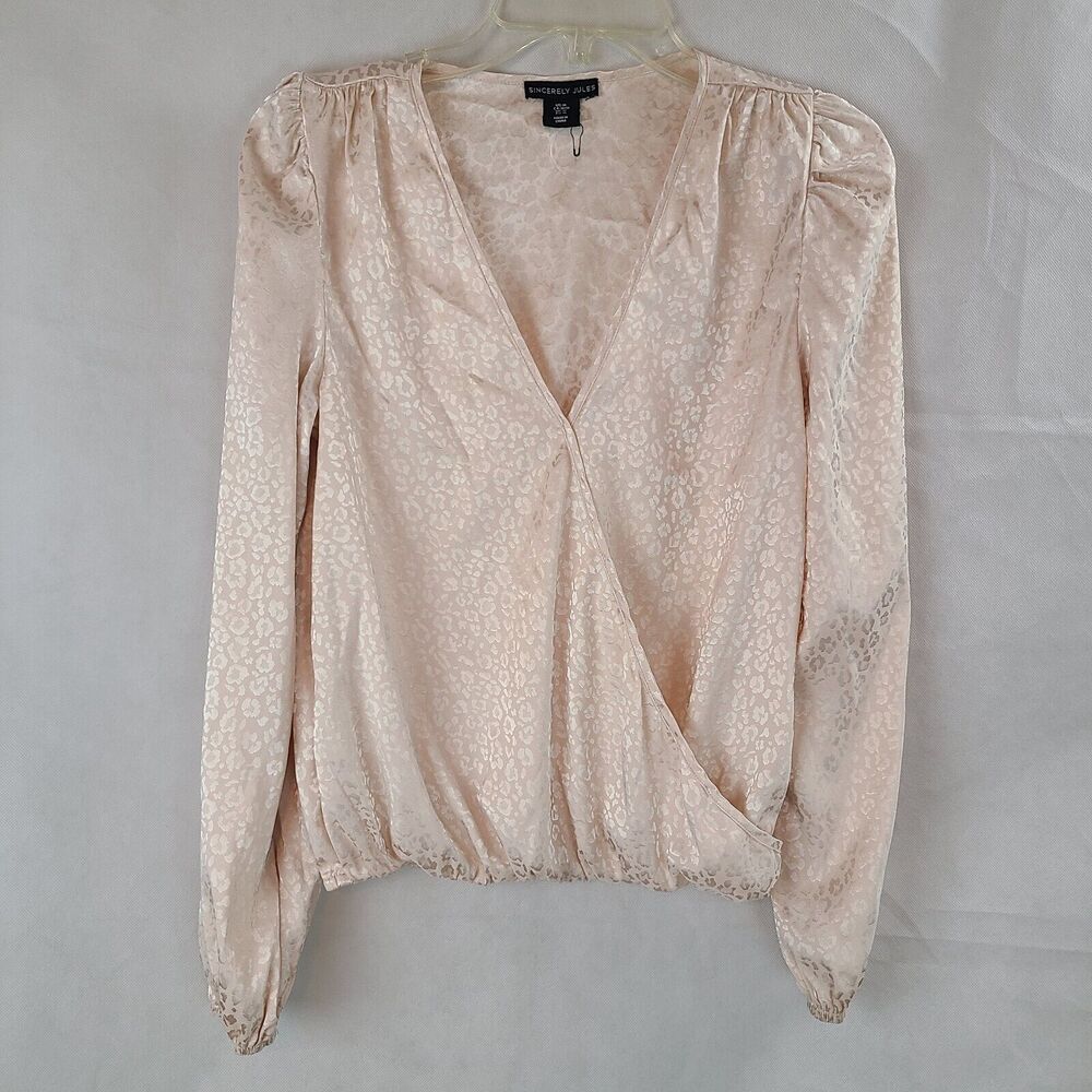 New SINCERELY JULES (M) Peach Satin Leopard Print Faux Wrap Long Sleeve Blouse